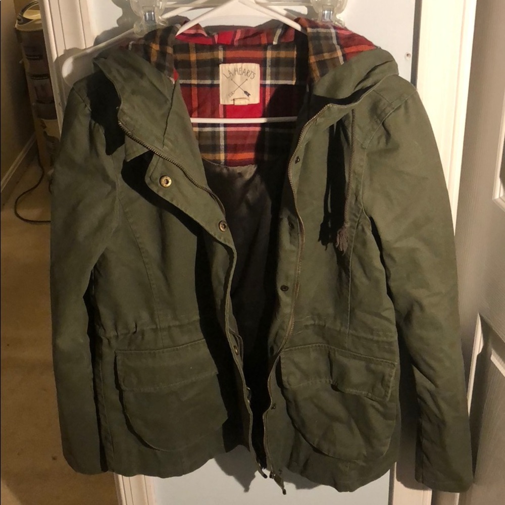 Olive LA Hearts Jacket W/ plaid lined hood